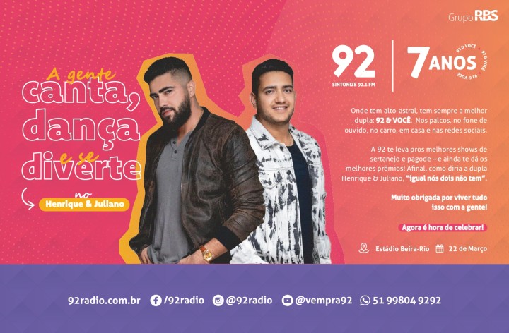 Rádio 92 celebra sete anos com show exclusivo em Porto Alegre